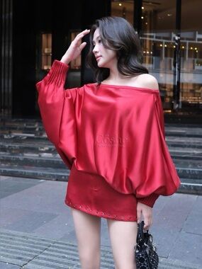 Red Off-Shoulder Backless Satin Mini Dress